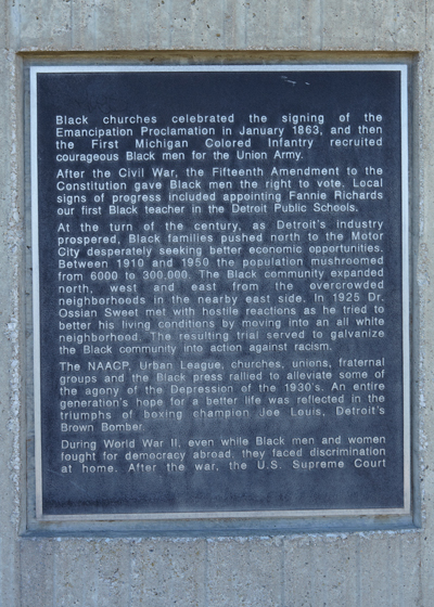 Text from a monument commemorating the Black Presence in Detroit. Photo ©2014 Look Around You Ventures LLC.